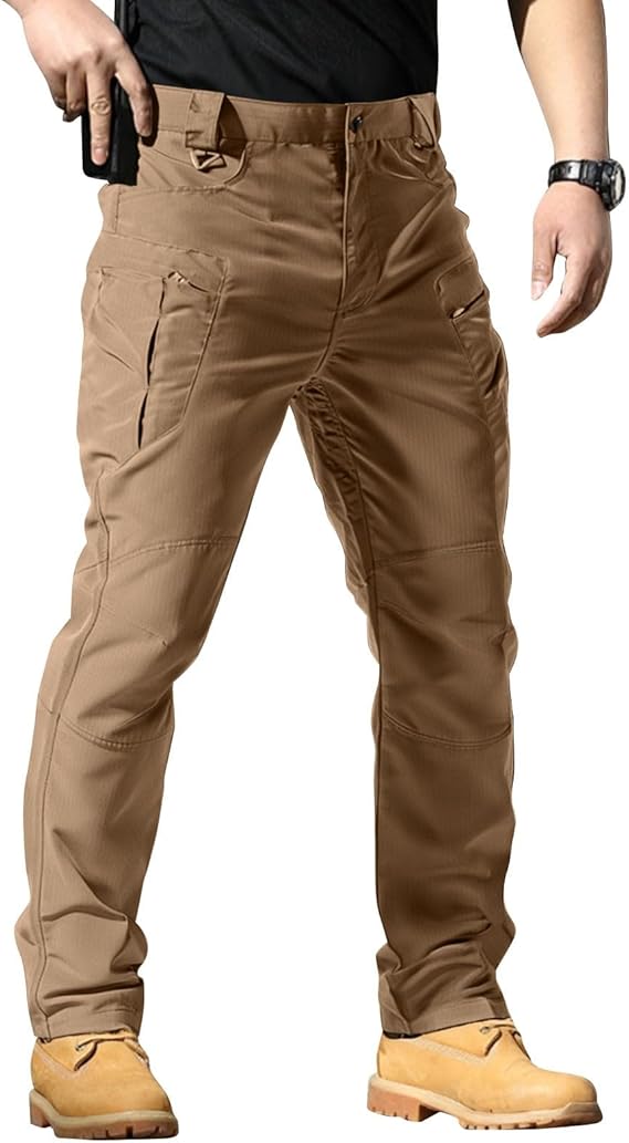 Men Cargo Pants Resistant Relaxed Fit Hiking Work Pant Multi Pockets Ripstop Flex Baggy Sloid Camo Cargo Tactical Pants Brown Medium