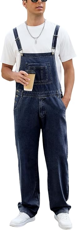 Mens Overalls Denim Coverall Bib Jumpsuit, Dark Blue, XL