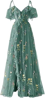 Basgute Womens Flower Embroidery Tulle Prom Dresses Slit Long Spaghetti Straps V Neck Fairy Formal Evening Party Gown