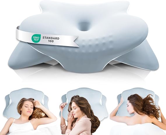 Memory Foam Pillow - Cervical Pillows for Neck and Shoulder, Ergonomic Neck Support Pillow with Washable Cooling Ice Silk Cover for Side Back Stomach Sleepers, Blue