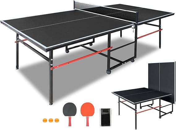 Professional Table Tennis Table, Foldable Ping Pong Game Set for Indoor, 8FT 9FT Single Player Playback Mode Ping Pong Table with Net and Post Set, 2 Paddles and 3 Balls (Black-8x4ft)