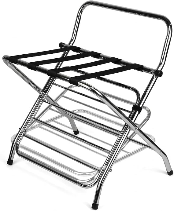 USTECH Double Tier Luggage Rack with High Back Chrome Folding Suitcase Stand, Guest Room Hotel Luggage Holder, Self Assembly, Durable Metal Frame-Pack 1
