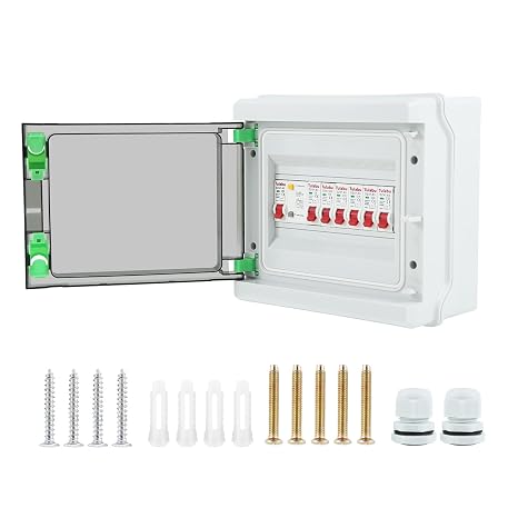 6 Way Consumer Unit Circuit Breaker IP65 Anti-Leakage Fuse Box, 63A 30mA RCD 6MCB 6A+6A+16A+16A+32A+32A, Shield Circuit Breaker for Outdoor Outbuildings Garage Shed