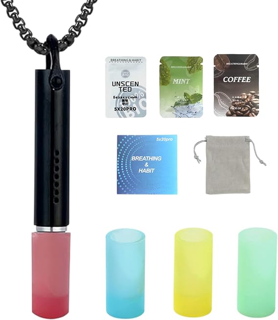 Breathing Necklace with Resistance, Portable Breathe Free Necklace with 4 Resistance, 3 Smell Replaceable Filter Cartridges and Storage Bag for Women Men Meditation (Black)