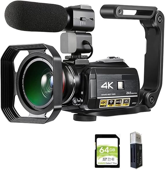 Video Camera, Video Camera 4K Camcorder Professional Digital Vlogging Camera Recorder, AC3 Vlog Cameras Filmadora With Microphone 64GB SD Card