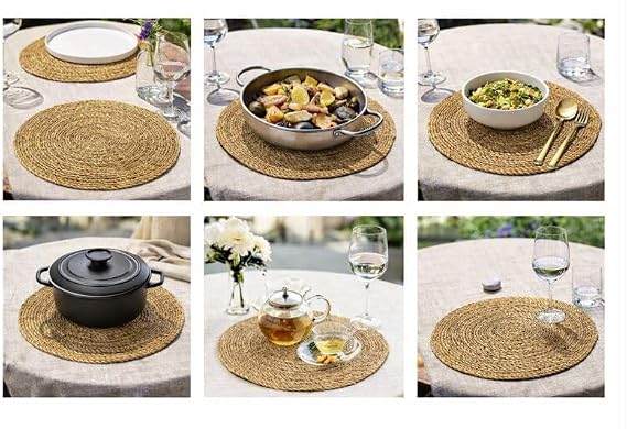Natural Rattan Round Placemats, 35cm Woven Wicker Table Mats, Rustic Boho Style Dining Chargers for Table Protection, Set of 6 (Natural)
