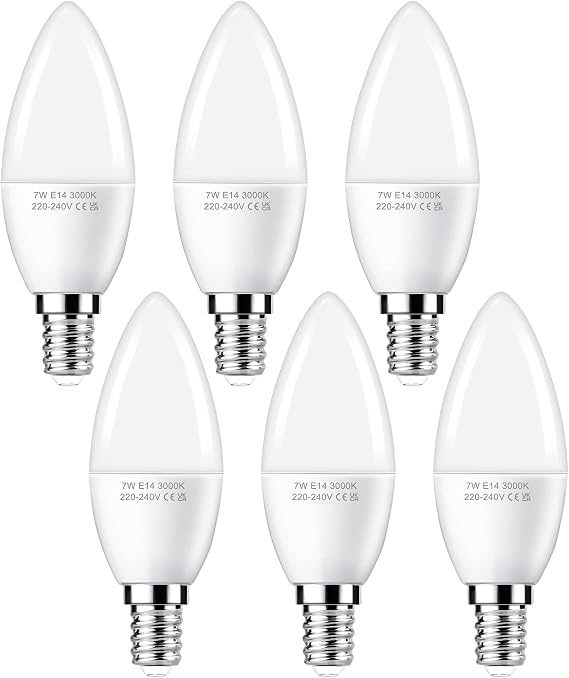 E14 LED Candle Light 60W Equivalent, Small Edison Screw Warm White, 6Pack | 7W, 3000K, 600LM High Brightness, 88% Energy Saving, Not-dimmable [Energy Class F]
