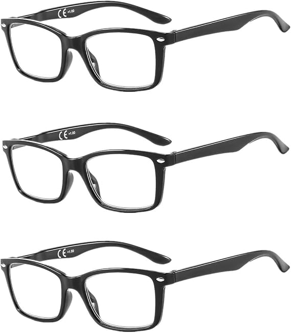 3 Pack Reading Glasses Spring Hinge Timeless Black Minimalism Spectacles Square Presbyopic Reader Aided Eyeglasses Unisex 1.5 BM151