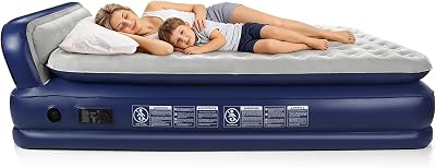 KMZ Inflatable Queen Air Bed with Integrated Pump, Extra-Tall 16 Inch Raised Sleeping Mattress, Heavy-Duty Portable Airbed for Overnight Guests, Indoor Use, Camping & Trips