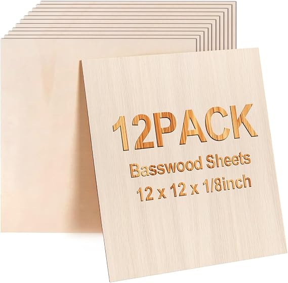 Basswood Sheets 12"x12"x1/8" 3mm 12 Packs Basswood Plywood Board Unfinished Wood Craft Wood for Wood Burning DIY Ornaments Models Drawing Painting Engraving Architectural Models Making