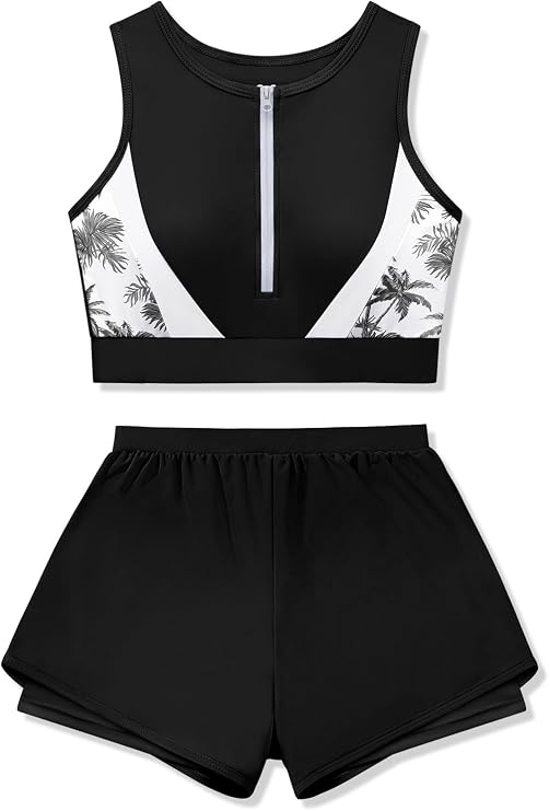 Girls Swimsuit Color Block Zipper Front 2 Piece Bathing Suit with Liner Bodyshort Sporty Girls' Swimwear 9-16T