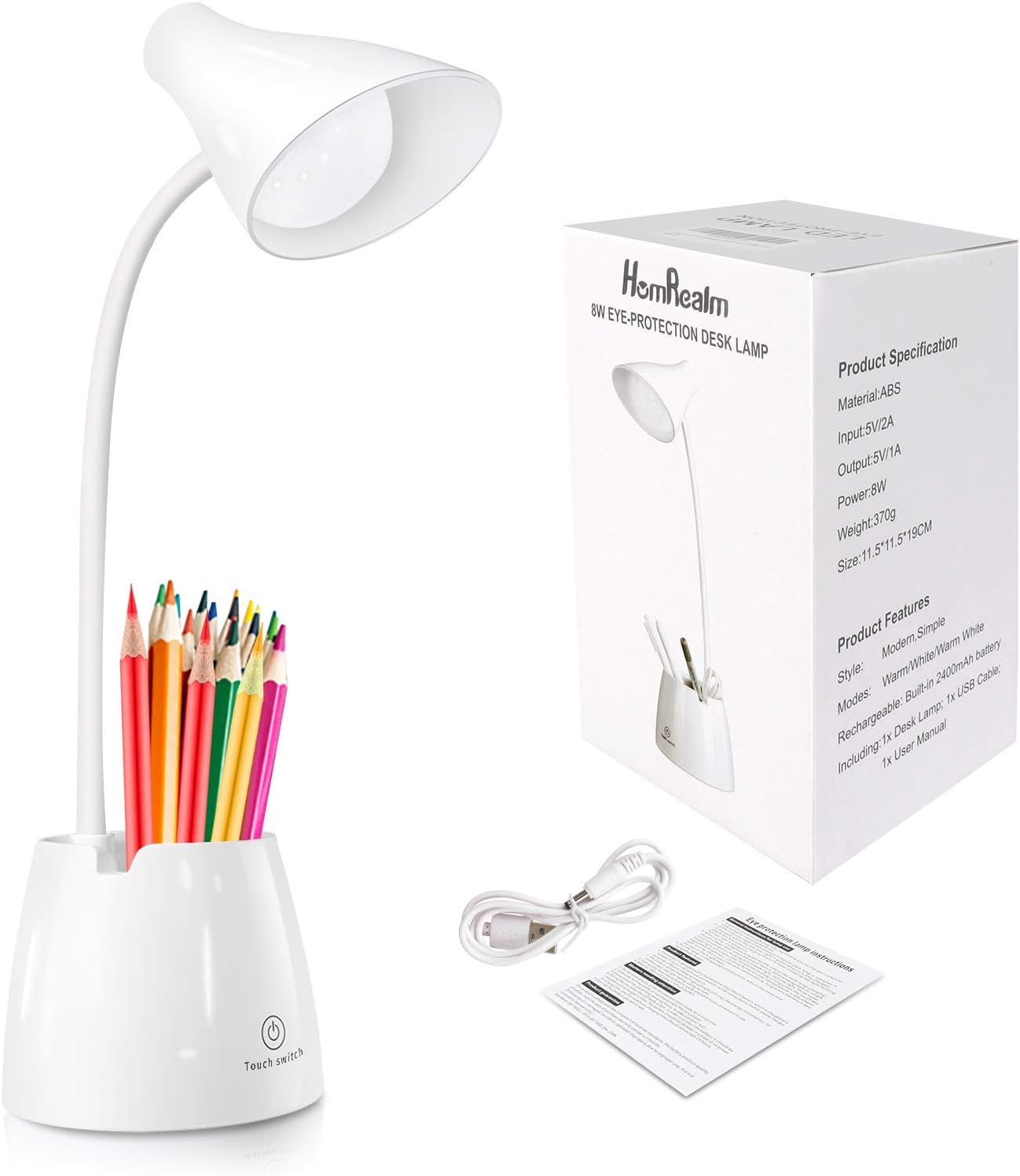 Desk Lamp, LED Desk Light with 3 Color Modes, Eye Protection Dimmable Desk Lamp with Pen Holder and Phone Stand, 360° Flexible Study Lamp for Bedroom and Office