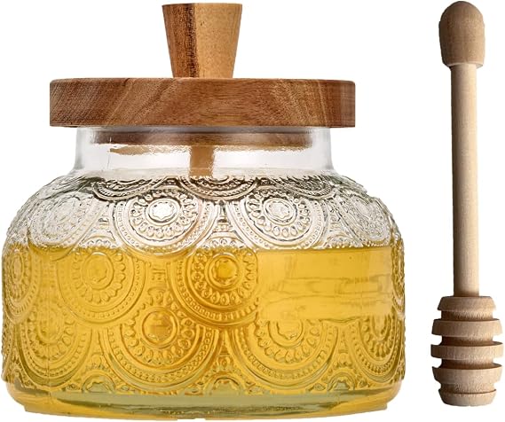 28Oz Glass Honey Pot with Dipper and Lid, Airtight Honey Jar,Honey Dispenser no Drip for Tea Time & Gifting, Elegant Honeycomb Honey Jar - Honey Pot Bottle for Maple Syrup Bee