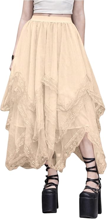 SHENHE Women's Lace Trim Layered Mesh Tulle Skirt Asymmetrical Goth Skirt
