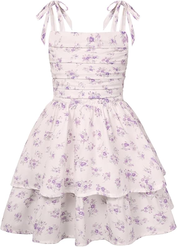 GRACE KARIN Girls Floral Smocked Dress Summer Layered Tie Shoulder Bowknot Flowy Dresses for 7-14 Years