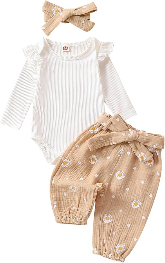 Kaipiclos Newborn Infant Girl Clothes Rib Knit Romper Daisy Print Pants Headband Baby Clothes for Girls 0 3 6 12 18 24 Months