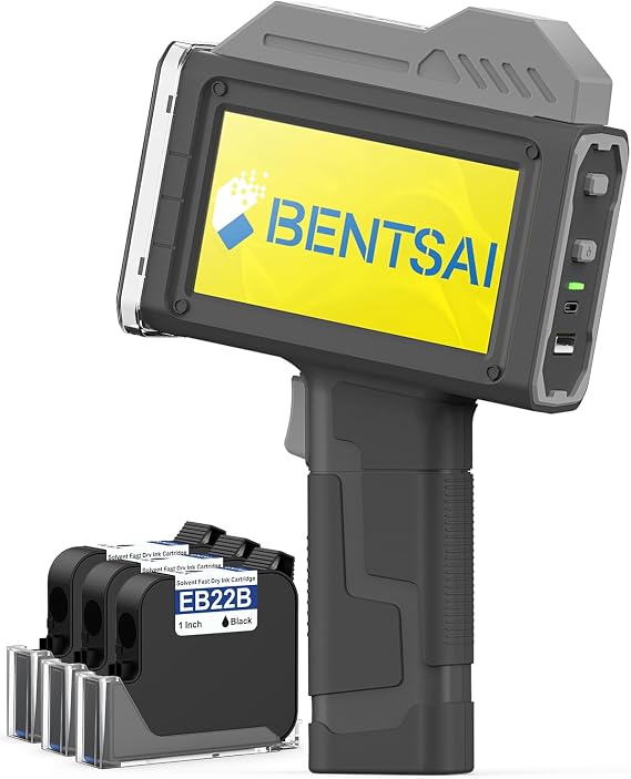 BENTSAI Handheld Printer BT-HH6210B Bundle with 3-Pack EB22B Original Solvent Fast Dry Black Ink Cartridge use for Code Date Logo Text Printing