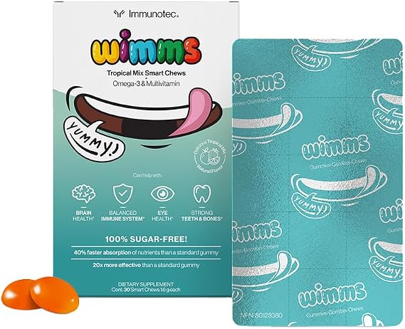 WIMMS Smart Chews for Kids | Omega-3 & Multivitamin Gummies | 600mg DHA & EPA | Sugar-Free Brain & Immune Support for Children | Tropical Flavor | 30 Daily Chews