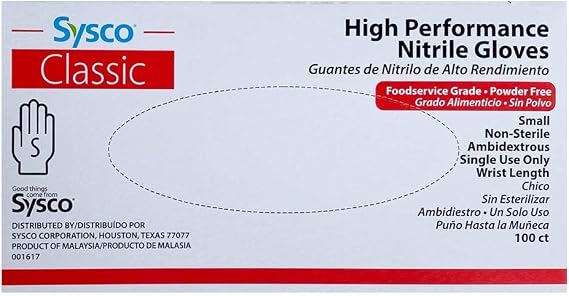 SYSCO Classic HIGH Performance Blue Nitrile Gloves Size Small Powder Free, 100 Count