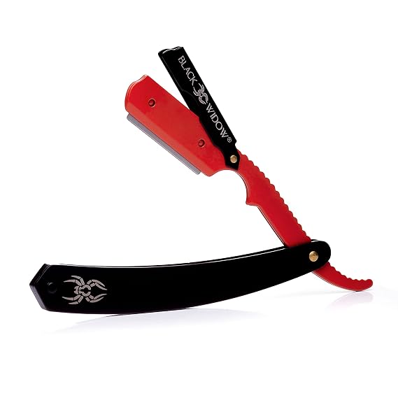 Black Widow Professional Barber Straight Edge Razor Stainless Steel Shavette, 1.5 mm Blade Exposure, Matte Black & Red, 10 Double Edge Blades (20 Single-Edge) for Lineups & Beard Shaping