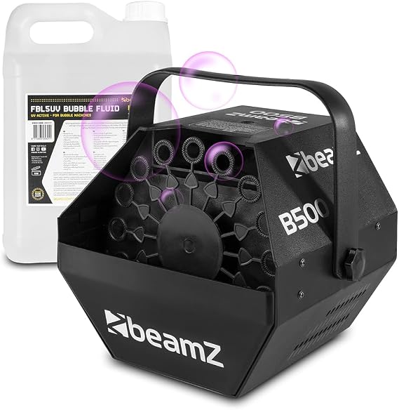 beamz B500 DJ Bubble Machine with High-Output UV-Active Liquid 5L - Powerful Bubble Blower Creating Glowing UV Bubbles for Parties, Events and Performances