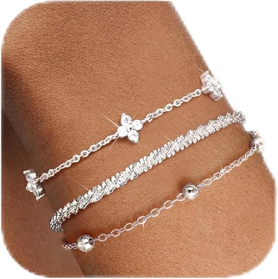 Silver Bracelets for Women,Silver Plated Bracelets Set Fashion Lucky Ireland Charm Layered Dainty Link Chain with Zirconia Bangle Adjustable Stackable Bead Chain Ladies Jewelry