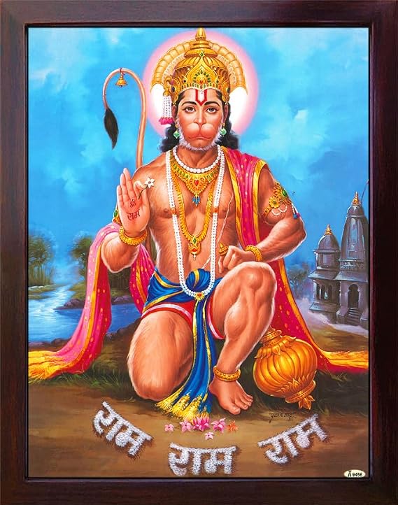 Hanuman reciting Ram Ram Ram at river end near temple, A Holy Hindu Religious Poster painting with frame for Worship purpose
