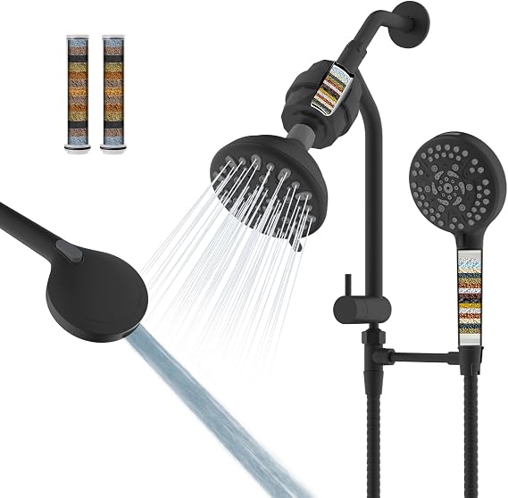 Filtered Dual Shower Heads with Handheld, Easy Reach, 70 Modes Spray, Black