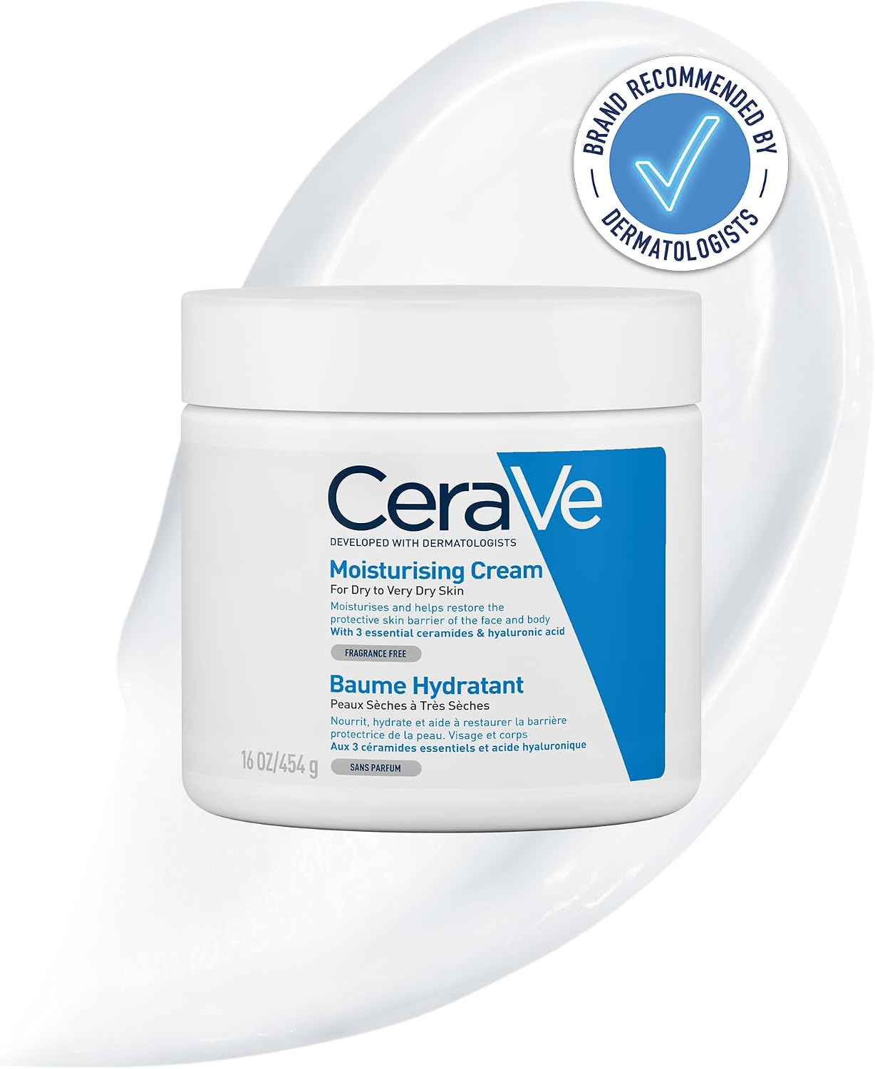CeraVe Moisturising Cream, Face & Body, with 3 Essential Ceramides & Hyaluronic Acid for Dry to Very Dry Skin, Developed with Dermatologists, Fragrance-Free, 454g16oz