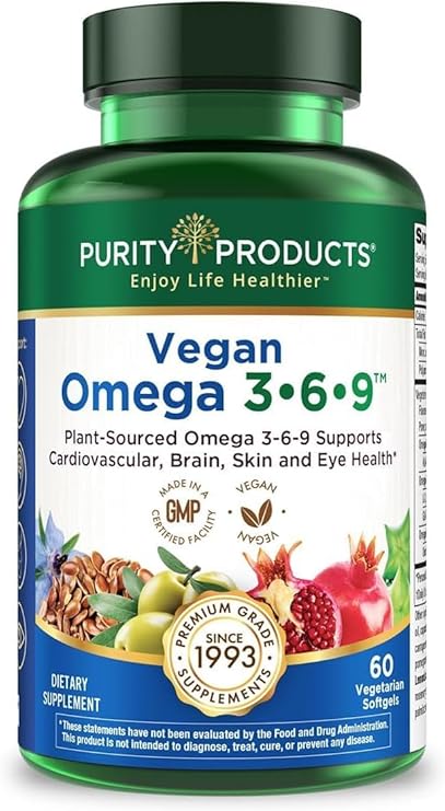 Purity Products Omega 3-6-9 Vegan and Vegetarian Formula - 5 in 1 Essential Fatty Acid Complex - Scientifically Formulated Plant-Based Omega 3 6 9 Essential Fatty Acids (EFA) - from (60)