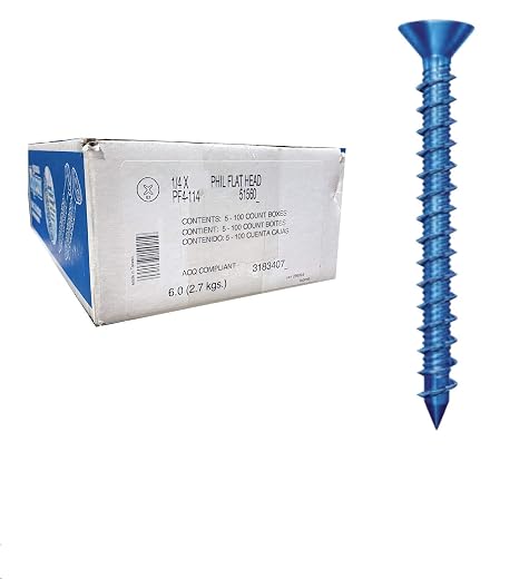 ITW RED HEAD 1/4 inch x 2-1/4 inch Tapcon,PF4-214 Flat Phillips Concrete Screw for Anchoring to Masonry,Block or Brick (500 per Case)