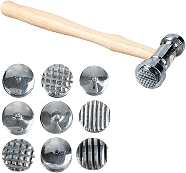 BENCH WIZARD 10" (25.4 cm) Texturing Hammer | 9 Interchangeable Design Heads | Solid Wood Handle | Includes 4" x 4" (10.16 cm x 10.16 cm) Polishing Pad | Versatile Metal Crafting Tool