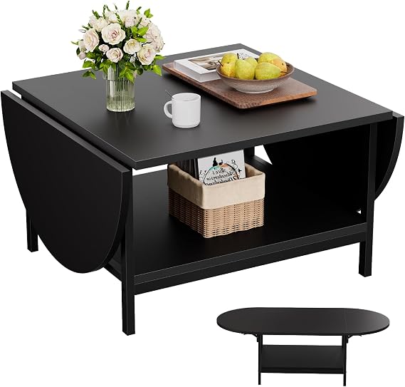 SAYGOER Black Coffee Table Modern Extended Coffee Tables with Storage for Living Room 2-Tier Unique Center Table with Two Foldable Panel for Any Large or Small Space, All Black, 23.6*47.2*16.2in