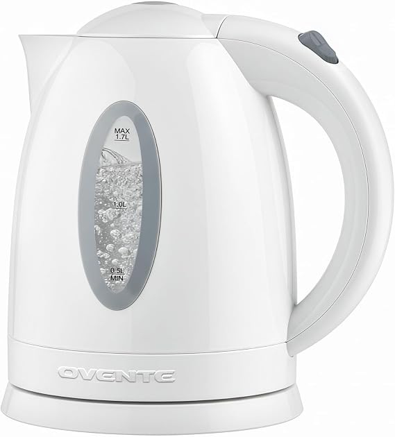 OVENTE Electric Kettle, 1.7L Fast Boiling Water Heater for Coffee or Tea, BPA Free with Water Level Gauge, Auto Shut-Off, Boil-Dry Protection, Indicator Light and Removable Filter, White KP72W