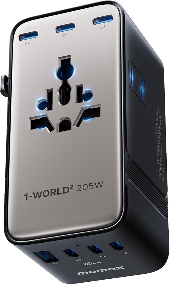 Momax Universal Travel Adapter, 205W GaN 9-In-1 Travel Plug Adapter Worldwide with 6 USB-C & 1 USB-A, AC Outlet, Type A/C/G/I Plugs for 200+ Countries, Safe for Laptops, Phones,