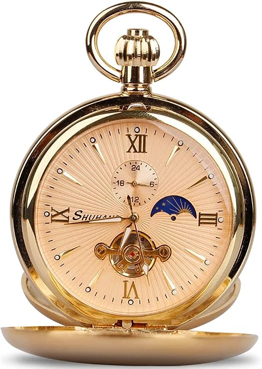 Tiong Vintage Mechanical Pocket Watch Unique Tourbillon Moon Phase Double Open Pocket Watches & Gift Box for Men Women
