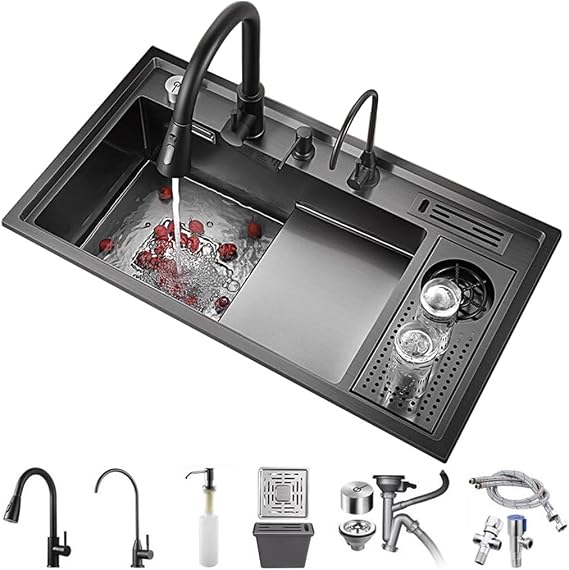Stepped Stainless Steel Kitchen Sink With Pull-out Faucet Black Nano Household Sink Multifunctional Single Bowl Sink With Cup Washer Soap Dispenser Knife Holder Box Knob Drainage Component