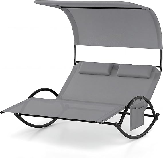 HAPPYGRILL Outdoor Chaise Lounge Rocker, 2-Person Rocking Daybed Sun Lounger with Sun Shade Canopy & Headrest Pillows, Hammock Bed Loveseat with Heavy-Duty Metal Frame for Patio, Backyard, Poolside