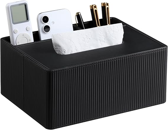 Tissue Box Cover Rectangle with 2 Compartments Remote Holder, PU Leather Tissue Box Holder Rectangle for Livingroom NightStand, Tissue Holder for 120(3-Ply)/160(2-Ply) Tissue Box (Black)