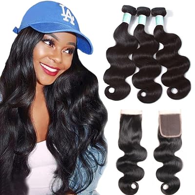 Hair Brazilian Body Wave Bundles With Closure 100% Unprocessed 3 Bundles Virgin Human Hair with Lace Closure 4x4 Free part Human Hair Extensions Natural Color