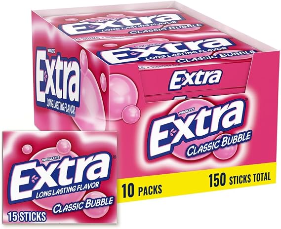 EXTRA Classic Bubble Sugar Free Chewing Gum, 15 Count Pack of 10