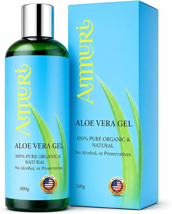 Ammuri Organic Aloe Vera Gel 300ml – 100% Pure & Natural Soothing Moisturiser for Face, Body & Hair – After Sun Hydration, Fast Absorbing, Vegan & Cruelty-Free