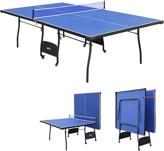 HLC 9FT Professional Full Size Folding Ping Pong Table with Wheels & Solo Trainer Mode - Foldable Indoor/Outdoor Table Tennis Table - Blue (275.6 x 153 x 75.6 CM)