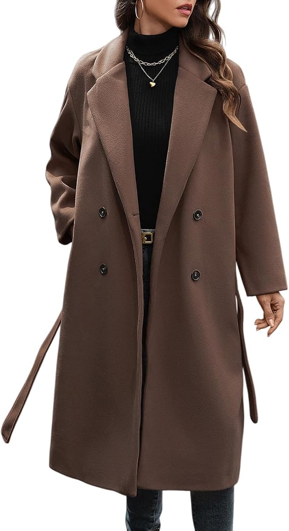 HOTIAN Women's Winter Wool Blend Coat Double Breasted Casual Notch Lapel Long Trench Overcoat Peacoat
