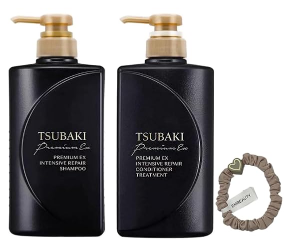 TJ SIGNATURE TSUBAKI Premium EX Intensive Repair Shampoo and Conditioner Bundle - Black Series Hair Care Set for Damaged Hair (400ml+400ml) bundle with a hair tie | Black Series, For Damaged Hair, 400ml + 400ml, Bundle with Hair Tie