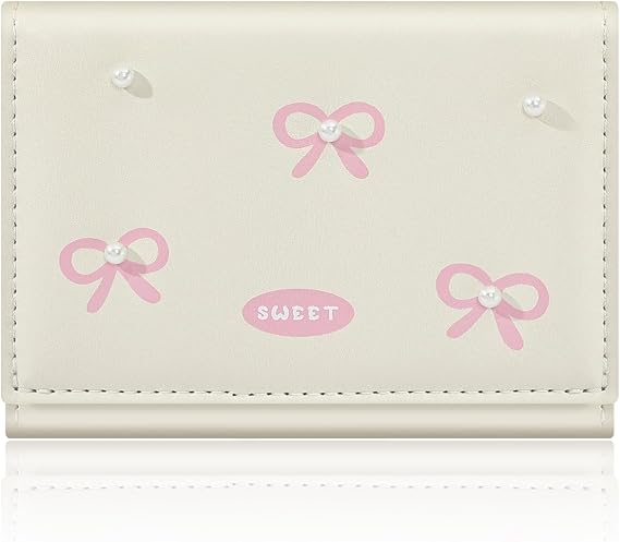 Small Wallets Woman, Cute Tri-fold Coquette Wallet for Women with Bow Design, Compact Credit Card Holder Purse with ID Window for Coin Cash Change (Beige)