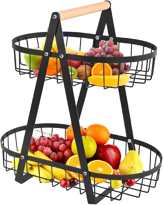 THATSRAD 2-Tier Fruit Stand Black Fruit Stand Fruit Basket Fruit Bowl Fruit and Vegetable Bowl Removable Fruit Holder Shelf with Screwdriver for Fruit Kitchen Storage