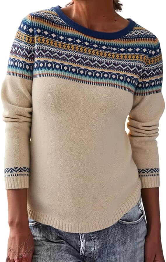 Akivide Fair Isle Sweater for Women 2025 Fall Winter Trendy Nordic Pattern Long Sleeve Crewneck Warm Outfits Pullover