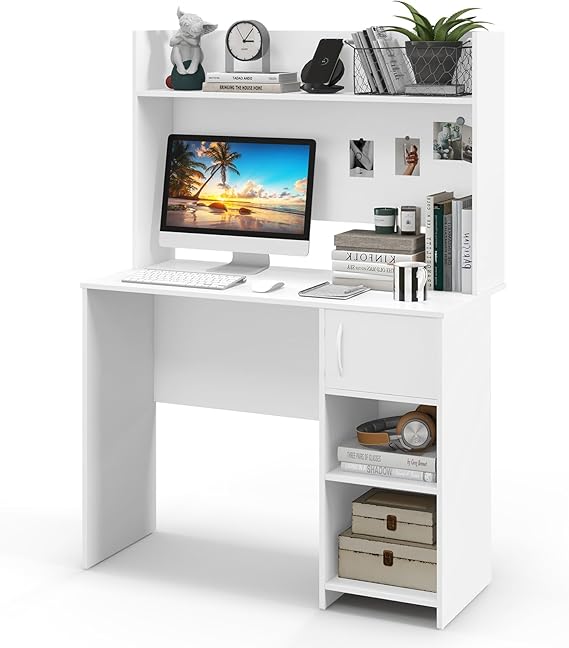 COSTWAY Computer Desk, Modern Writing Workstation PC Laptop Table with Hutch, Storage Bookshelf, Cabinet and Cable Management Holes, Home Office Work Study Desk (White)
