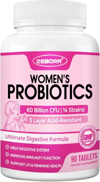ZEBORA Probiotics for Women Digestive Health, 60 Billion CFU, 90 Tablets